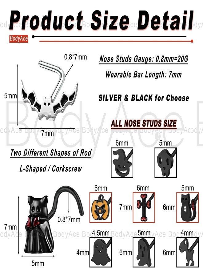 BodyAce 20G Nose Rings Nostril Studs Halloween Nose Stud Stainless Steel Nostril Ring L Shaped Nose Piercings Halloween Jewelry for women men [L-Shaped;Black] - Image 2